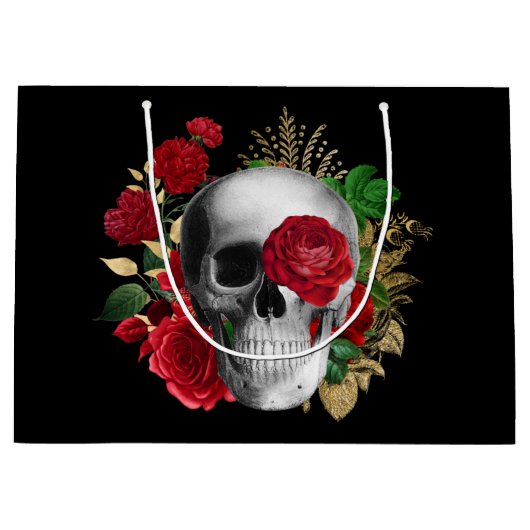 Goth Skull mit Red Blume & Gold Blätter Große Geschenktüte (Vorderseite)