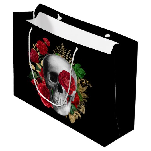 Goth Skull mit Red Blume & Gold Blätter Große Geschenktüte (Vorderseite Schrägansicht)