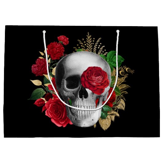 Goth Skull mit Red Blume & Gold Blätter Große Geschenktüte (Rückseite)