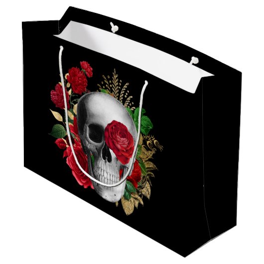 Goth Skull mit Red Blume & Gold Blätter Große Geschenktüte (Rückseite Schrägansicht)