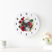 Goth Skull mit Red Blume & Gold Blätter Große Wanduhr (Zuhause)