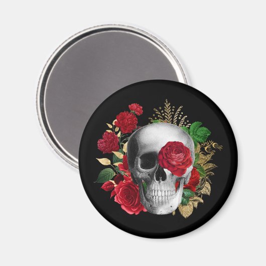 Goth Skull mit Red Blume & Gold Blätter Magnet (Vorderseite/Rückseite)