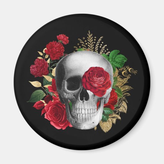 Goth Skull mit Red Blume & Gold Blätter Magnet (Vorne)