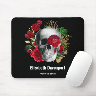 Goth Skull mit Red Blume & Gold Blätter Mousepad