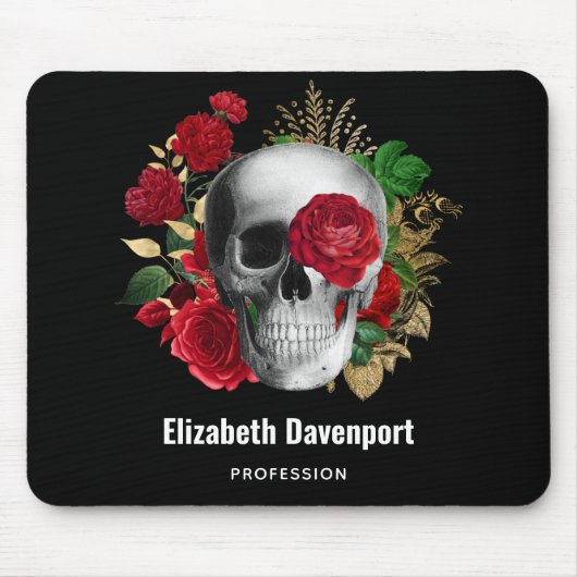 Goth Skull mit Red Blume & Gold Blätter Mousepad (Vorne)