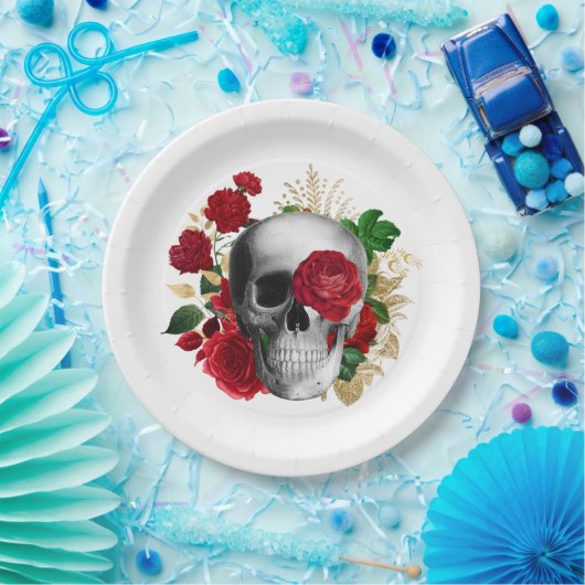 Goth Skull mit Red Blume & Gold Blätter Pappteller (Party)