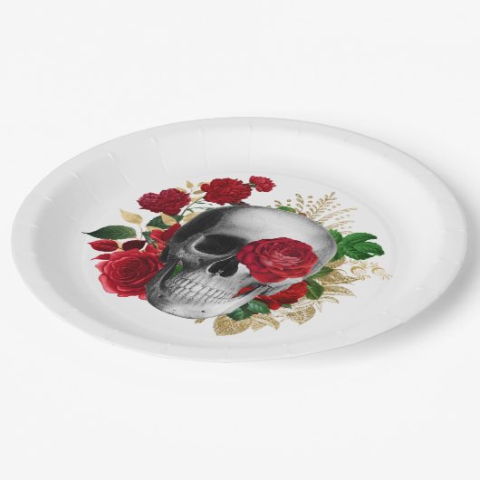 Goth Skull mit Red Blume & Gold Blätter Pappteller (Schrägansicht)