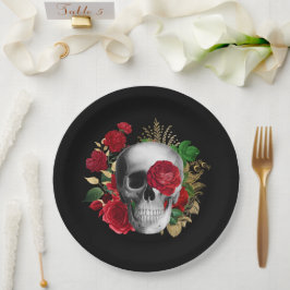 Goth Skull mit Red Blume & Gold Blätter Pappteller