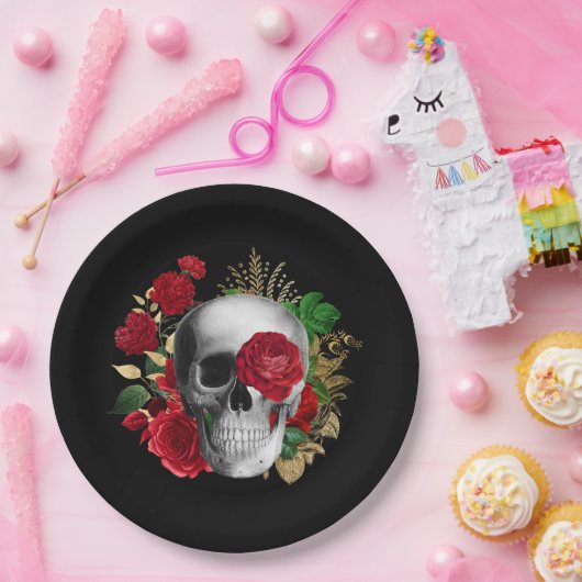 Goth Skull mit Red Blume & Gold Blätter Pappteller (Party)