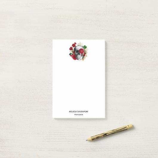 Goth Skull mit Red Blume & Gold Blätter Post-it Klebezettel (Auf Schreibtisch)