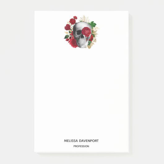 Goth Skull mit Red Blume & Gold Blätter Post-it Klebezettel (Vorderseite)