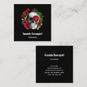 Goth Skull mit Red Blume & Gold Blätter Quadratische Visitenkarte (Vorne/Hinten)