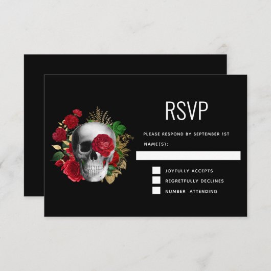 Goth Skull mit Red Blume & Gold Blätter RSVP Karte (Vorne/Hinten)