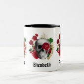 Goth Skull mit Red Blume & Gold Blätter Zweifarbige Tasse (Mittel)