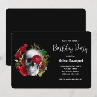 Goth Skull mit Rote Rosen Geburtstag Einladung