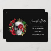 Goth Skull mit Rote Rosen & Gold Blätter Save The Date (Vorne/Hinten)