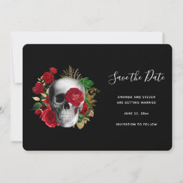 Goth Skull mit Rote Rosen & Gold Blätter Save The Date