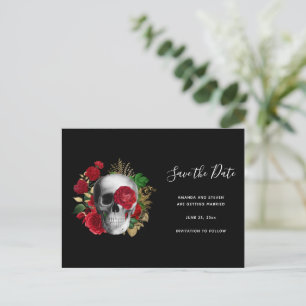 Goth Skull mit Rote Rosen Save the Date Einladungspostkarte