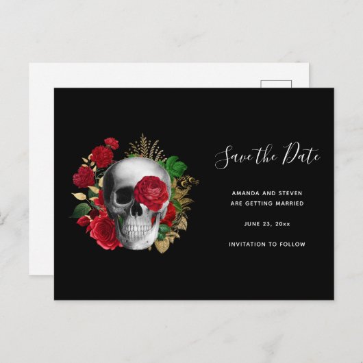 Goth Skull mit Rote Rosen Save the Date Einladungspostkarte (Vorne/Hinten)