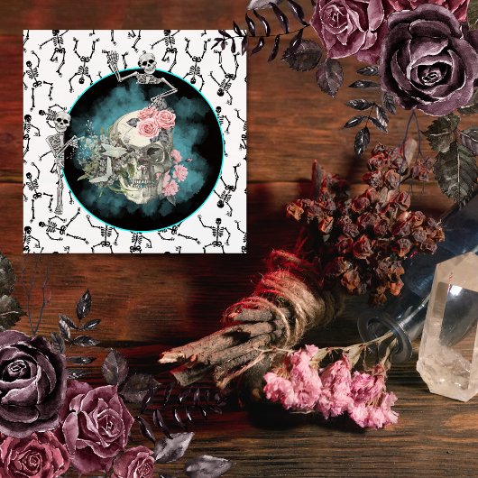 Goth Skull Pink Roses Halloween Quadratischer Aufkleber