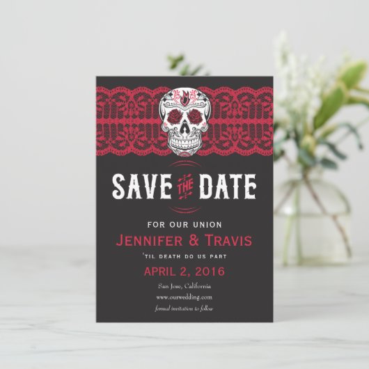 Goth Skull Swirl & Lace Wedding Speichern Sie die Save The Date (Stehend Vorderseite)