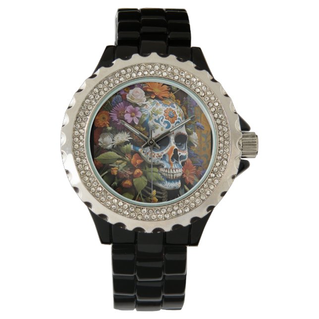 Goth Skull und Blume Armbanduhr (Vorderseite)