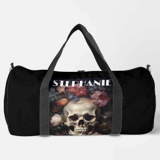 Goth Skull und Blume Individuelle Name Duffle Bag (Vorderseite)