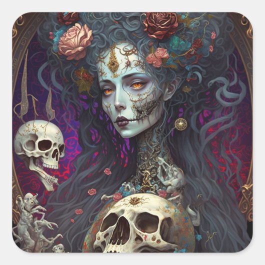 Goth Skull Zombie Woman Gothic Quadratischer Aufkleber (Vorderseite)