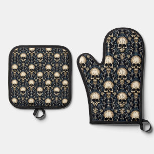 Goth Skulls mit Blauer Blume Ofenhandschuh & Topflappen-Set