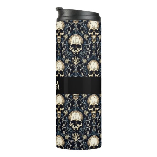 Goth Skulls mit Blauer Blume Thermosbecher (Nach rechts gedreht)