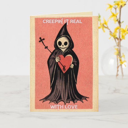 Goth Spooky Valentine Grim Sensenmann mit Herz Karte (Gelbe Blume)