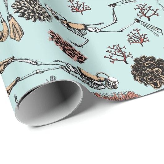 Goth Turqoise Skeleton Scuba Diver and Coral Geschenkpapier (Rolleneckpunkt)