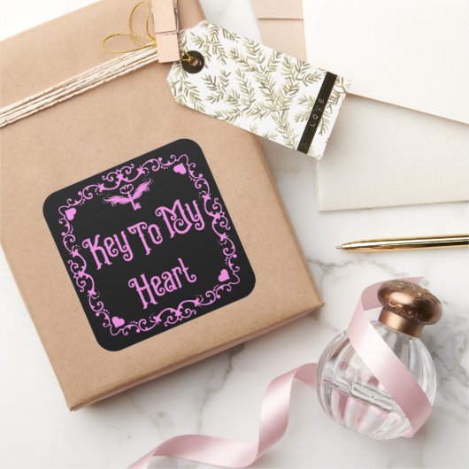 Goth Valentine Key für mein Herz rosa Quadratischer Aufkleber (Schenken)