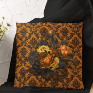 Goth-Vintage Orange Schwarze Spitze Blumen Hallowe Kissen