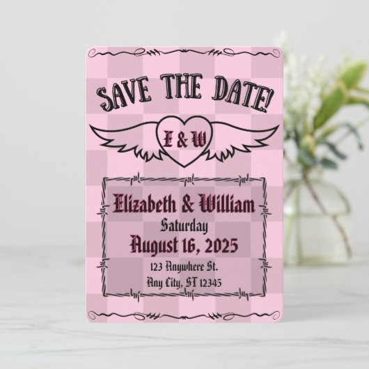 Gothic Alternative Checkered Tattoo Heart Save The Date (Stehend Vorderseite)