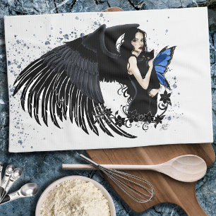 Gothic Angel Wings Black Cat Geschirrtuch