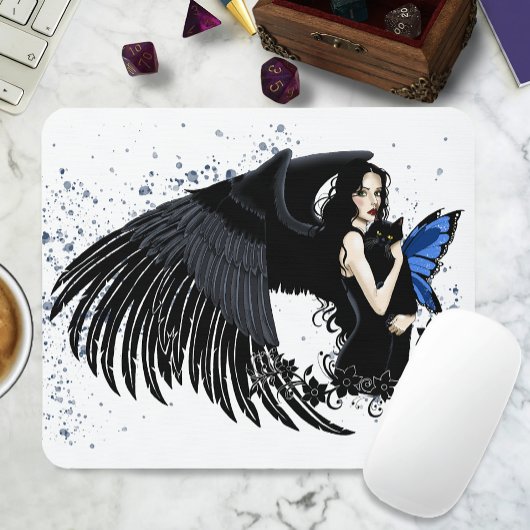 Gothic Angel Wings Black Cat Mousepad