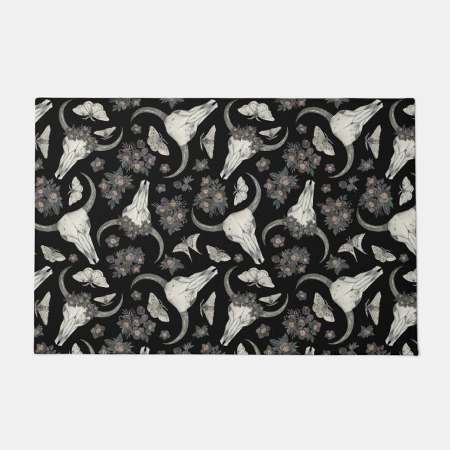 Gothic Animal Skull mit Blume Muster Fußmatte (Vorderseite)