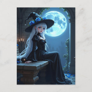 Gothic Anime Witch Full Blue Moon Halloween Feiertagspostkarte