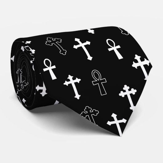 Gothic Ankh Crucific Schwarz-weiß Icon Muster Krawatte (Gerollt)