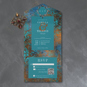 Gothic Antik Türkis Gold Damast Hochzeits QR Code All In One Einladung