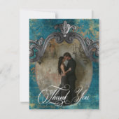 Gothic Antique Aquamarin Gold Damask Foto Hochzeit Dankeskarte (Vorderseite)