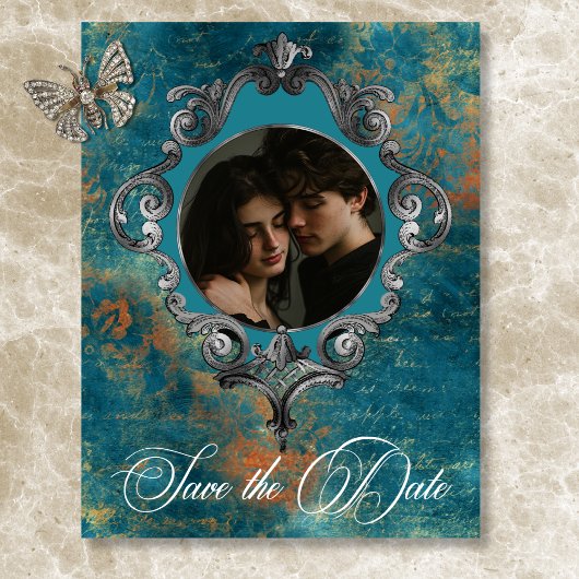 Gothic Antique Aquamarin Gold Damask Foto Hochzeit Save The Date