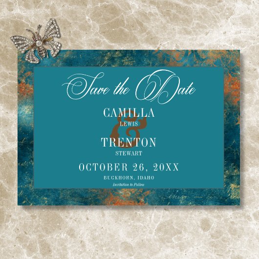 Gothic Antique Aquamarin Gold Damask Hochzeit Save The Date