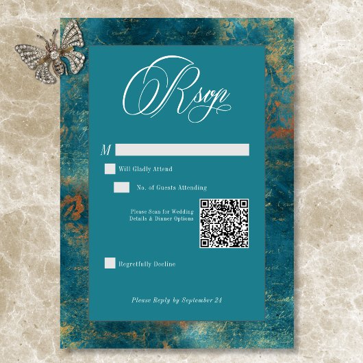 Gothic Antique Aquamarin Gold Damask QR Code Weddi RSVP Karte