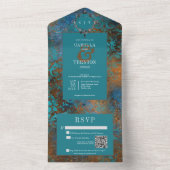 Gothic Antique Teal Gold Damask Wedding QR Code All In One Einladung (Innen Boden)