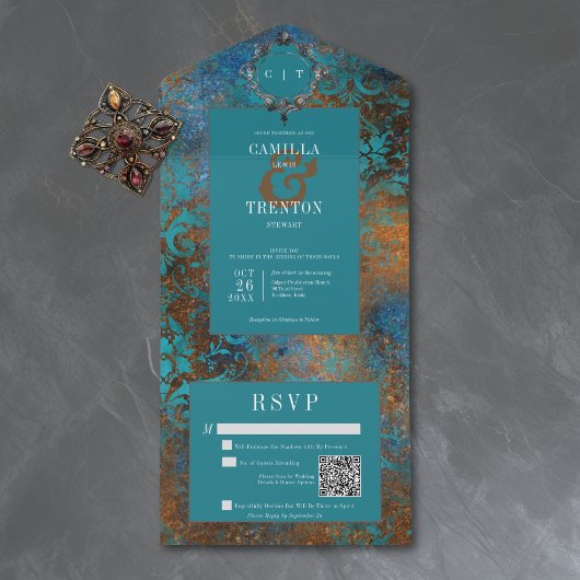 Gothic Antique Teal Gold Damask Wedding QR Code All In One Einladung