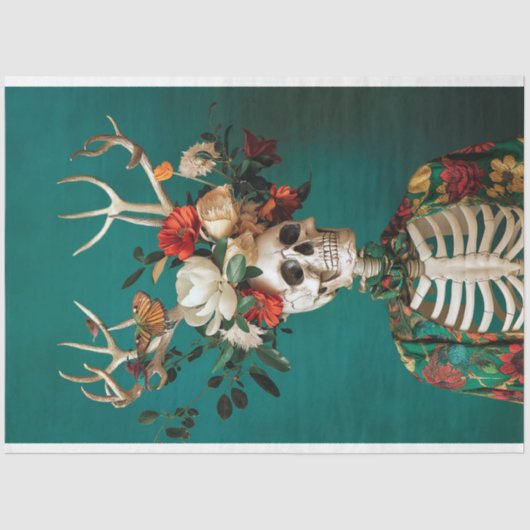 Gothic Antlers Einzigartiges Skelett Skull Decoupa Seidenpapier (Vorderseite)