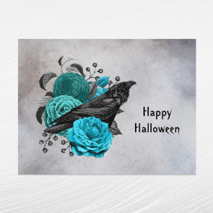 Gothic Aquamarin Floral Crow Halloween Feiertagspostkarte