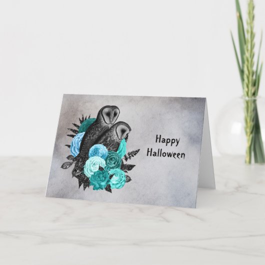 Gothic Aquamarin Floral Owls Halloween Karte (Vorderseite)